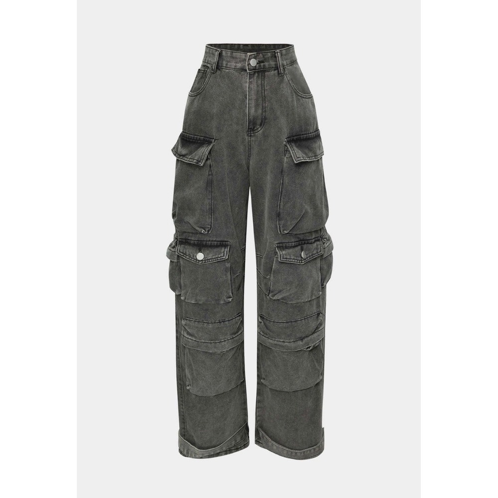Micas Womens Wide Leg Cargo Jeans Medium Washed Black Denim Multi Pocket Y2K 90s